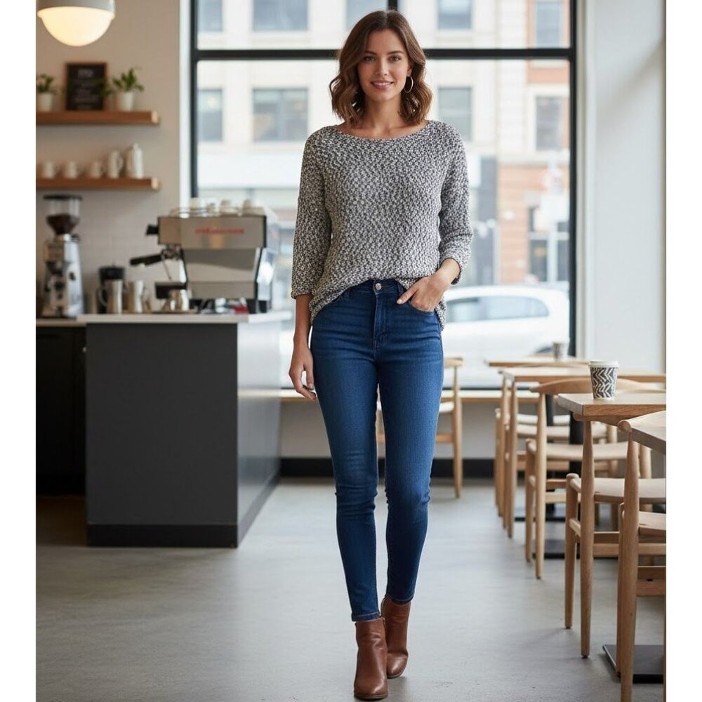 Olive & Oak Popcorn Knit 3/4 Sleeve Top Womens Size S Black Gray Textured Polyes